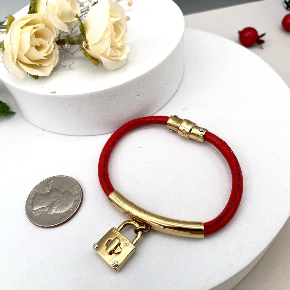 Henri Bendel red leather gold lock charm magnet bracelet